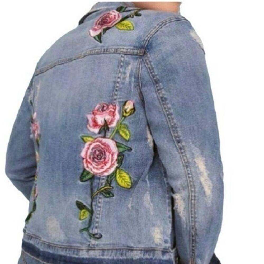 Lane Bryant Floral Embroidered Distressed Trucker Jean Jacket Sashiko Size 20 - Picture 3 of 15